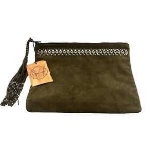 Simone Camille Green Suede Silver Stud Wrist Bag NWT